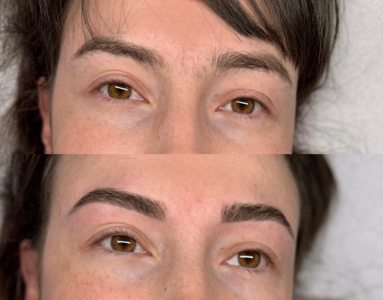 Avant après restructuration et épilation au fil en formation expert de la beauté du regard à le barp